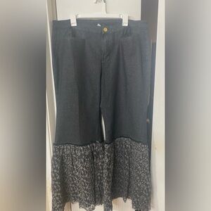 A Rare Bird Handmade Boho Lace Hem Jeans L/XL Oversized Wide Leg NWT